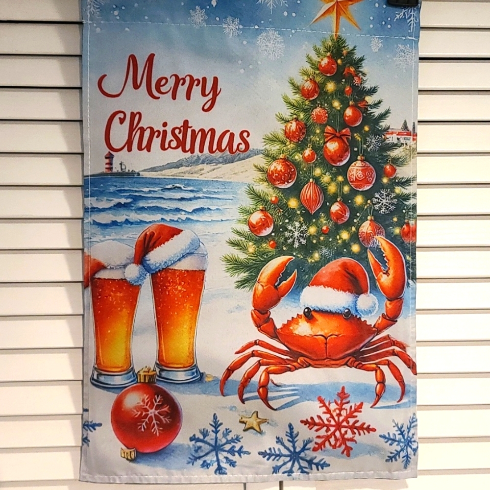 Merry Beachy Christmas beer crabs  NWT Welcome FLAG sign for yard garden 2 sides